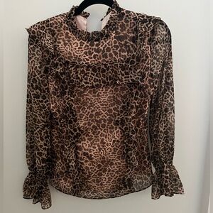 RACHEL PARCELL Brown Animal Print Ruffle Blouse XXS
